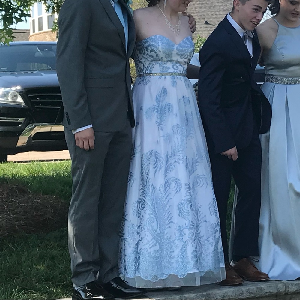 Camille La Vie Blue and White Prom Dress